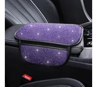 Bling Car Armrest Pad with Diamond Rhinestones Universal Center Console Cover Protector Car Interior Accessories Women Purple with Pocket