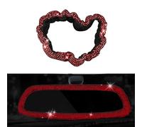 Bling Car Rearview Mirror Cover, Women's Full Drill Head Pillow Cover, Crystal Rhinestone Bling Car Interior Accessories for Women Universal Fit - Red