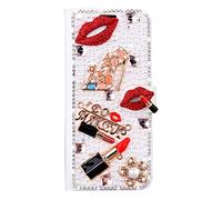 Bling Case for Samsung Galaxy S21 FE PU Leather Flip Case Sparkly Phone Case Crystal Rhinestone Case 3D Big Red Lips Jewelry Diamond Pearl Case with Magnetic Buckle Card Slot Stand Wallet Cover