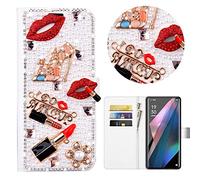 Bling Case Jewelry Diamond Pearl PU Leather Flip Case Sparkly Crystal Rhinestone Case with Magnetic 3D Big Red Lips Buckle Card Slot Stand Wallet Cover Skin for OPPO Find X3 Pro/OPPO Find X3