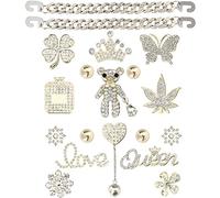 Bling Chain Decoration Charms, Luxury Rhinestone Cute Diamond Bear Love Flower Butterfly Crown Designer Jewelry Accessories for Women Girls Adults Gifts (Gold)