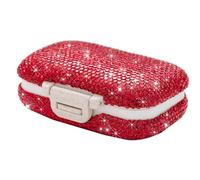 Bling Crystal Diamond Travel Pill Organizer Durable Watertight 3 Compartments Compact for Supplements Pill Management (Red)
