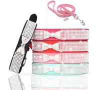 Bling Dog Collar Leash Set Small Bowtie Rhinestone Puppy Collars for Cat Girl Female Boy Kitten Crystal Diamond with Lead Kit Dogs Collar & line strap belt pulling Hot Purple S