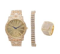 Bling-ed Mens Hip Hop Roman Numeral Dial Gold Tone Watch w/ 2 Row Bling-ed Out Tennis Bracelet and Matching Bling Ring - L0503G2RT3Set(10)
