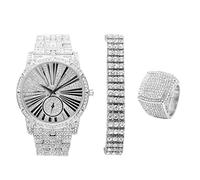 Bling-ed Out 3 Row Tennis Men's Bracelet with Hip Hop Roman Numeral Dial Silver Watch and Bling Ring - L0503S3RT3Set(12)