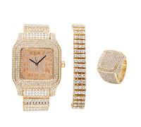 Bling-ed Out Biggie Sq. Iced Gold Hip Hop Watch w/ 3 Row Bling-ed Out Tennis Bracelet and Bling-ed Out Ring - You Will Hypnotize in a Flashy Way - 0513G3RT3Set(10)