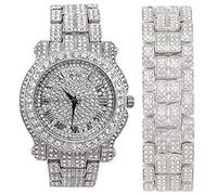 Bling-ed Out Round Luxury Mens Watch with Color Dial and Bling Bling Diamond Time Indicators w/Bling-ed Out Matching Bracelet,L0504DXB, Watch 9 inches Bracelet 8 inches, L0504DXB (Silver/Silver)