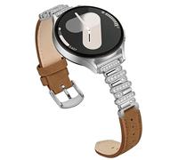 Bling Genuine Leather Band Compatible for Samsung Galaxy Watch 7 6 5 4 FE 40mm 44mm/5 Pro 45mm/6 Classic 43mm 47mm/4 Classic 42mm 46mm, Galaxy Active 2, 20mm Replacement Strap for Women, Brown/Silver