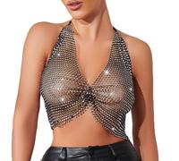 Bling Hollow Mesh Tank Top Shiny Rhinestone Fishnet Vest Sexy Backless Halter Bikini Bra for Women Black Slim Fit Nightclub Sleeveless Chest Wrap