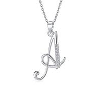 Bling Jewelry ABC Cubic Zirconia Pave CZ Cursive Script Letter Alphabet Initial A Pendant Necklace For Women Sterling Silver