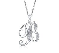 Bling Jewelry ABC Cubic Zirconia Pave CZ Cursive Script Letter Alphabet Initial B Pendant Necklace For Women Sterling Silver