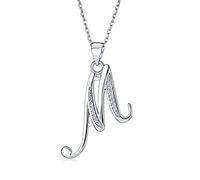 Bling Jewelry ABC Cubic Zirconia Pave CZ Cursive Script Letter Alphabet Initial M Pendant Necklace For Women Sterling Silver
