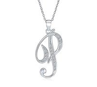 Bling Jewelry ABC Cubic Zirconia Pave CZ Cursive Script Letter Alphabet Initial P Pendant Necklace For Women Sterling Silver