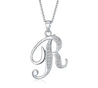 Bling Jewelry ABC Cubic Zirconia Pave CZ Cursive Script Letter Alphabet Initial R Pendant Necklace For Women Sterling Silver