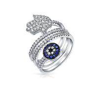 Bling Jewelry Amulet Talisman Yoga Blue CZ Pave Wrap Bypass Around Fashion Boho Statement Hamsa Evil Eye Band Ring For Teen For Women Silver Plated