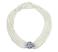 Bling Jewelry Antique Vintage Art Deco Style Wide Statement Bridal Four Multi Strand White Freshwater Cultured Pearl Necklace For Women, Wedding Floral Clasp Silver Plated Brass
