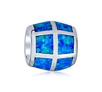 Bling Jewelry Aqua Created Blue Opal Inlay Barrel Charm Bead For Women For Teen .925 Sterling Silver Fits European Bracelet
