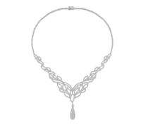 Art Deco-Inspired Leaf Design Statement Collar Necklace with Cleavage Dangling Teardrop - Micro Pave Cubic Zirconia AAA CZ, Silver Plated, for Women's Wedding, Prom, and Pageant