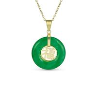 Bling Jewelry Asian Style Circle Round Disc Donut Good Fortune Fu Character Chinese Symbol Dyed Green Jade Disc Pendant Necklace For Women Gold Plated .925 Sterling Silver
