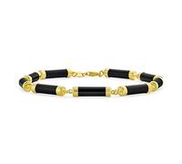 Bling Jewelry Asian Style Gemstone Genuine Black Onyx Strand Slender Tube Bar Link Bracelet For Women Yellow Gold Plated .925 Sterling Silver 7.5 Inch