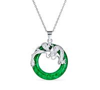 Bling Jewelry Asian Style Open Round Circle Disc Dyed Green Jade Dragon Pendant Necklace for Women .925 Sterling Silver 18 Inch