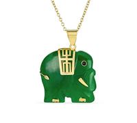 Bling Jewelry Bali Style Tribal Longevity Natural Gemstone Green Jade Indian Elephant Pendant Necklace For Women Yellow Gold Overlay .925 Sterling Silver 18 Inch