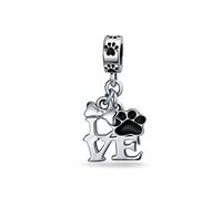 Bling Jewelry BFF Pet Animal Lover Black Dog Cat Puppy Kitten I Love You Paw Print Dangle Charm Bead Women Teen Enamel .925 Silver Fits European Bracelet