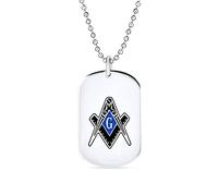 Bling Jewelry Black Blue Freemason Compass Masonic Dog Tag Pendant Necklace For Men Silver Tone Stainless Steel With Bead Chain