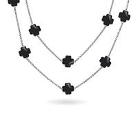 Bling Jewelry Black Flower Long Silver Plated Pearlized Enamel Station Chain Wrap Layer Clover Necklace For Women 40 Inch