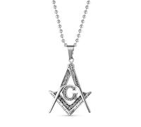 Bling Jewelry Black Oxidized Large Freemason Secret Society Square & Compass Masonic Symbol Pendant Necklace For Men Silver Tone Stainless Steel With Bead Chain