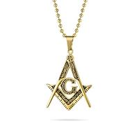Bling Jewelry Black Oxidized Large Freemason Secret Society Square & Compass Masonic Symbol Pendant Necklace For Men Gold Plated Tone Stainless Steel With Bead Chain