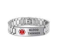 Bling Jewelry Blood Thinner Identification Medical ID Band Link Bracelet For Men 8.5 Inch Stainless Steel Custom Engraved
