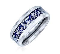 Bling Jewelry Blue Silver Tone Celtic Knot Dragon Inlay Couples Titanium Wedding Band Rings For Men For Women Comfort Fit 8MM