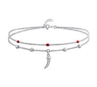 Bling Jewelry Boho Amulet Tooth Cornicello Italian Horn Double Chain Chili Pepper Anklet Ankle Bracelet Red Bead For Women Teen .925 Sterling Silver 9-10 Inch Adjustable