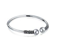 Bling Jewelry Boho Balinese Bali Style Scroll Ball Tips Bypass Stacking Black Bangle Cuff Bracelet For Women Teen Oxidized .925 Sterling Silver