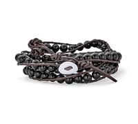Bling Jewelry Boho Handmade Natural Genuine Black Onyx Ball Beaded Black Brown Leather Multi Strand Triple Wrap Bracelet For Women Men Adjustable