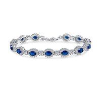 Bling Jewelry Bridal Cocktail Party Estate Vintage Style Statement Halo Oval AAA CZ Simulated Blue Sapphire Bracelet For Women Prom Weddings .925 Sterling Silver Rhodium 7.5 Inch