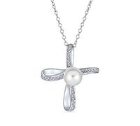 Bling Jewelry Bridal Simple Religious Simulated White Pearl Infinity Cross Necklace Pendant For Women Wedding Teen .925 Sterling Silver