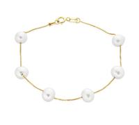 Bling Jewelry Bridal Tin Cup White Freshwater Cultured 7MM Pearl Chain Station Pearls Bracelet For Women Wedding Yellow Gold Plated .925 Sterling Silver 7 Inch