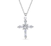 Bling Jewelry Bridal Vintage Style Delicate Marquise AAA Cubic Zirconia Religious Cross Pendant Necklace For Women Teens .925 Sterling Silver