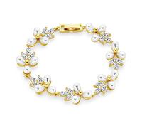 Bling Jewelry Bridal Wedding Multi Flowers CZ Leaf Genuine White Freshwater Cultured Pearl Bracelet For Women 18K Gold Plated 7 Inch