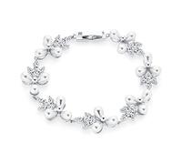 Bling Jewelry Bridal Wedding Multi Flowers CZ Leaf Genuine White Freshwater Cultured Pearl Bracelet For Women Silver Plated 7 Inch