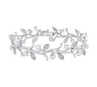 Bling Jewelry Bridal Wedding Multi Flowers CZ Wine Leaf Genuine White Freshwater Cultured Button Pearl Bracelet For Women Silver Plated Rhodium 7 Inch
