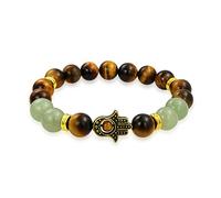 Bling Jewelry Brown Tiger Eye Dyed Green New Jade Round Bead Hamsa Hand Stretch Beads Bracelet For Women Men Teen Gold Plated Metal