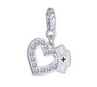 Bling Jewelry Caduceus RN Nurse Hat Cap Heart Shape Graduate Crystal CZ Dangle Bead Charm White Enamel .925 Sterling Silver Fits European Bracelet