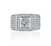 Bling Jewelry Clear AAA CZ Statement Halo Square Princess Cut Solitaire Men's Engagement Wedding Ring with Wide Micro Pave Band Silver Plated Customizable