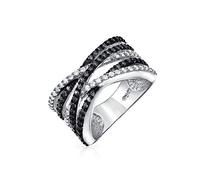 Bling Jewelry Crossover Statement Criss Cross Two Tone Black White Pave AAA CZ Statement Band Ring For Women Sliver Plated Brass
