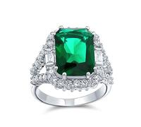 Bling Jewelry Cubic Zirconia CZ Pave Rectangle Green Simulated Emerald Cut Statement Fashion Ring For Women Silver Plated Brass