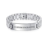 Bling Jewelry Customizable Identification Name Tag Curb Watchband ID Bracelet For Men Personalized Name Silver Tone Stainless Steel 8 Inch