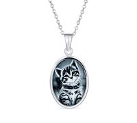 Bling Jewelry Customizable Personalize Vintage Antique Style Simulated Black Onyx Sitting Two Tone Kitten Kitty Cat Portrait Cameo Pendant Necklace For Women Teen .925 Sterling Silver